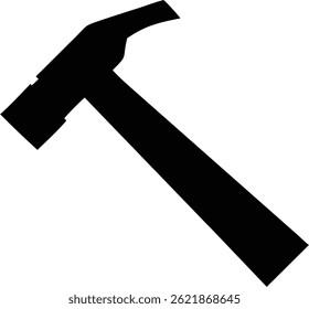 Isolated against a white backdrop, a solid black silhouette of a hammer implies themes of home improvement, construction, tool use, and do it yourself project.