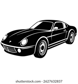 Isolated against a white backdrop, a stark black silhouette reveals the dynamic contours of a vintage car. The side mirrors and tires are detailed with precision.