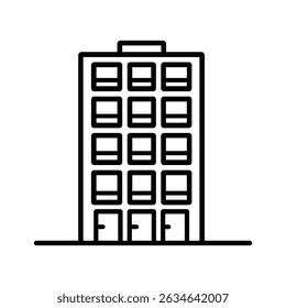 Isolated against a white backdrop, this line art shows a tall building. The building has a simple shape, multiple square windows, and a flat roof with a small raised section.