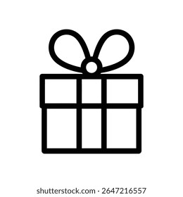 Isolated against a white background, this monochromatic black vector is a clean, simple gift box, stylized with a classic bow, providing a minimalist design element.