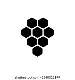 Isolated against white, this vector graphic displays a black honeycomb structure formed by seven connected hexagonal cells, evoking an abstract, beehive-like design.