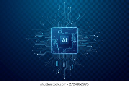 Diseño de chip de IA aislado con elemento central radiante y rutas de circuito detalladas. Procesador de semiconductores en tonos azules con fondo transparente y conexiones brillantes. Vector tecnológico
