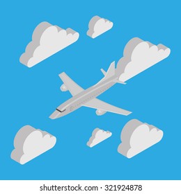 Isolated airplane and clouds on a blue background