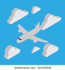 Isolated airplane and clouds on a blue background
