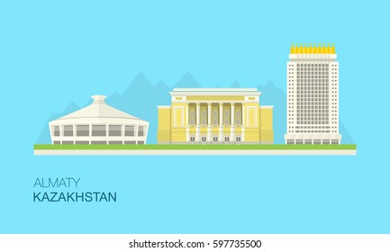 Isolated Almaty city buildings. Architecture of Kazakhstan. Flat vector illustration template.