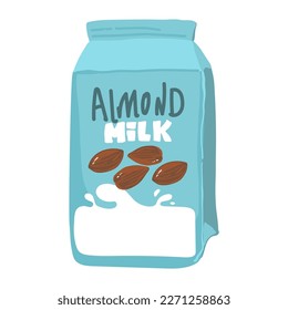 Isolated almond milk in paper package with liquid splash and nuts, natural drink branding on carton container with lid, advertising of vegan liquid for nutrition. Dairy packaging and advertising
