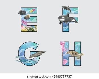isolated alphabet watercolor sea life