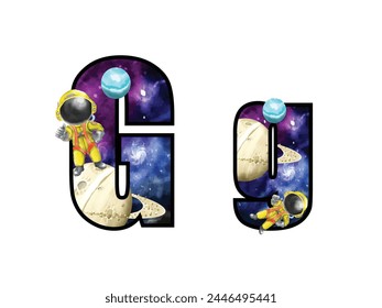 isolated alphabeth with cute space boy illustration
