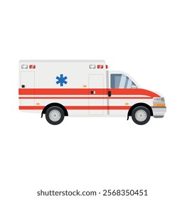 An isolated ambulance with distinctive features that include red stripes and medical symbols, designed to quickly respond to emergency situations and provide care to patients.