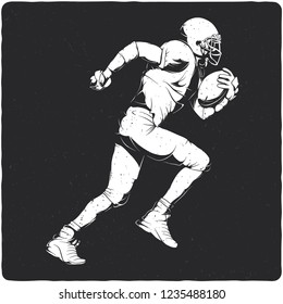 Isolated american football player on black background with frame and noise texture.