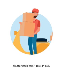 Isolated american man with boxes delivery fast logo - Vector