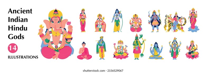 Isolated ancient indian hindu gods big icon set with shiva brahma ganesha budha and several others gods vector illustration