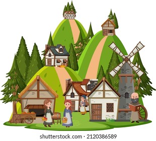 Isolated ancient medieval village and villagers illustration