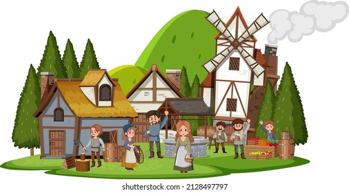 Isolated ancient medieval village and villagers illustration