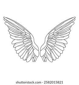 Isolated angel or bird wings. Vector heraldic heavenly and angelic, graceful symbol for divine or spiritual, celestial theme. Contour and outline design for phoenix or eagle tattoo. Mascot element.