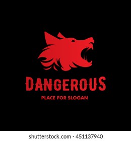 Isolated angry barking dog side view vector logo. Dangerous animal contour logotype. Fighting club emblem. Hound and watchdog illustration. Black and red color.