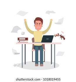 Isolated angry businessman with red face sitting at the desk.