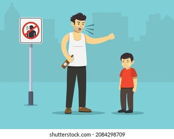 Isolated angry drunk male character yelling at his kid beside 'no yelling' sign.Bad manners and behavior.Sad boy crying after his dad shouting at him.Flat vector illustration template.