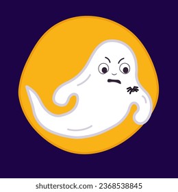 Isolated angry emoji ghost with spider, moon. Vector illustration Facial expression in cartoon. Happy Halloween, mischief, paranormal phenomena. Character for cards flyers, banners, greeting etc.