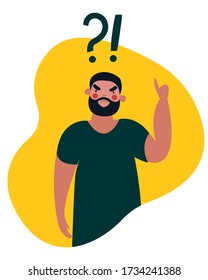 Isolated angry man with question and exclamation marks over his head. Point finger up. Cartoon style. Vector stock flat illustration.