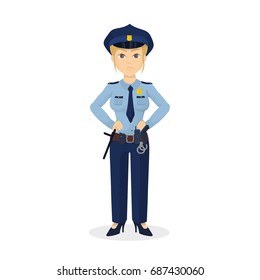 Isolated angry policewoman on white background. Hands down.
