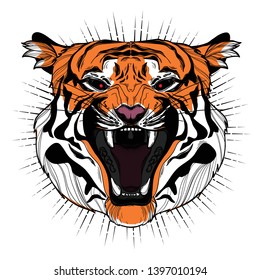 Isolated angry tiger face with furious red eyes, opened mouth and fangs. High detailed tiger head with black outline. Tattoo style colorful vector illustration of tiger head. 