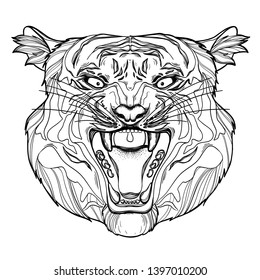 Isolated angry tiger face with furious eyes, opened mouth and fangs. High detailed coloring page for adults. Tattoo style outline vector illustration of tiger head. 