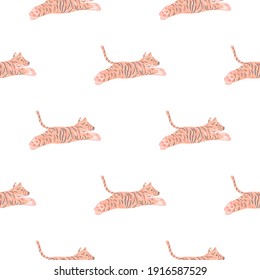 Isolated animal seamless pattern with orange pastel jumping tiger silhouettes. White background. Flat vector print for textile, fabric, giftwrap, wallpapers. Endless illustration.