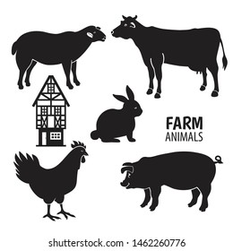 Isolated animals farm on the white background. Farm animals silhouettes.