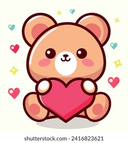 Isolated animated cute toy bear with a heart on a light background. Sticker, icon with Teddy teddy bear.