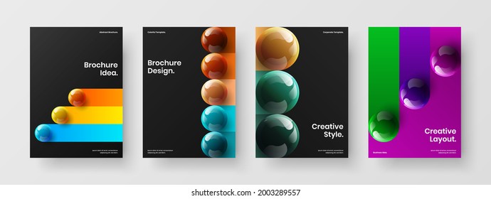 Isolated annual report A4 vector design template set. Creative realistic orbs placard concept collection.