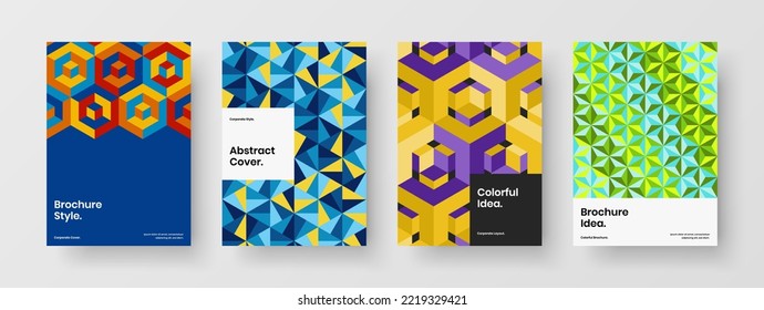 Isolated annual report A4 vector design concept collection. Multicolored mosaic tiles company cover layout bundle.