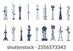 Isolated antenna tower silhouettes, 5g cell and gsm signal equipment. Communication internet towers, telecom or radio flat recent vector icons