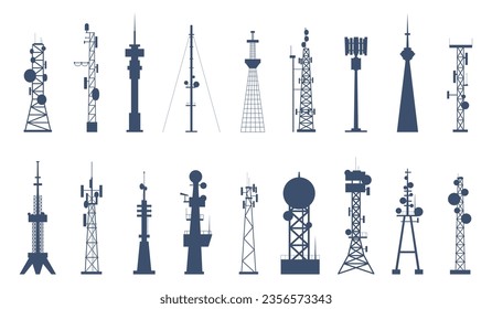 Alleinstehende Antennenturmsilhouetten, 5g-Zell- und gsm-Signalgeräte. Internet-Türme für Kommunikation, Telekommunikation oder Radio, aktuelle Vektorsymbole