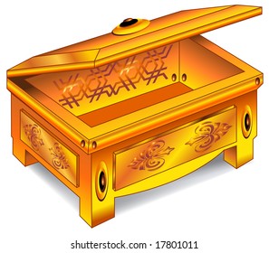 Isolated antique wooden chest inlaid with gold on white background, vector illustration