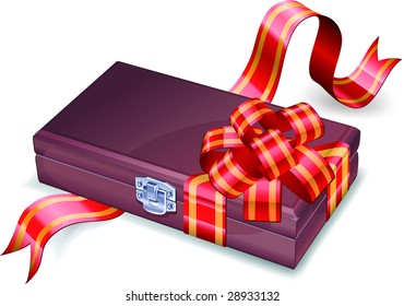 Isolated antique wooden chest with red bow on white background, vector illustration