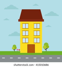 Isolated apartment building on a colored background with clouds and a pair of trees