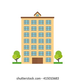 Isolated apartment building with a pair of trees on a white background