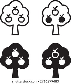 Isolated Apple Tree Icon Set, Apple Fruit Tree Silhouette Icon Collection, Orchard Apple Tree Botanical Icon, Black Minimal Nature Tree Icon, Solid And Outline Vector Design For Farming