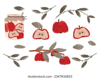 Isolated Apples, apple tree branch, foliage and jar of jam. Vector illustration