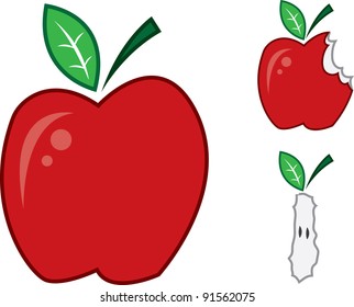 Isolated apples.  One whole, one bitten and one bit to the core.