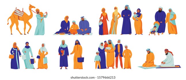 Icono de árabes aislados con diferente situación arabs familia y tradiciones islam ilustración vectorial