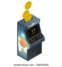 Isolated Arcade Game Cabinet Insert Coin. Isometric Vector Illustration
