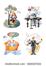 Isolated Archimedes in bathtub shouting eureka, Newton sitting under apple tree, Mendeleev sleeping on table, Edison switching on lamp. Great discover character set. Vector illustration