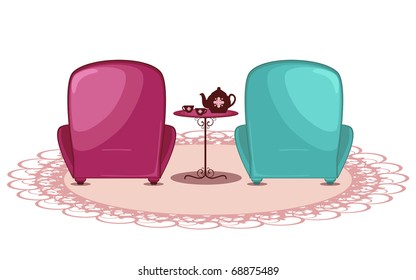isolated armchairs with teapot