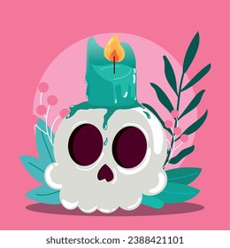 Isolated aromatherapy candle with leaves and a skull Vector illustration