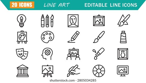 Isolated art creativity icons set, 20 editable line art icons set, art creativity, design illustration painting, drawing artwork artist, gallery culture theme, clean outline vector sign