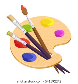 Isolated artist palette with three long different brushes inside on white. Vector illustration of cartoon wooden thing with colourful round spots of paints. Set for creating pictures and portraits