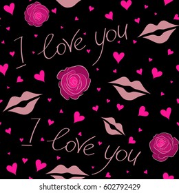 Isolated Artistic doodle drawings, lettering, love quotes, Heart, kiss elements. Modern romantic background for holiday card, postcard, gift wrapping paper. Valentine's Day vector seamless pattern.