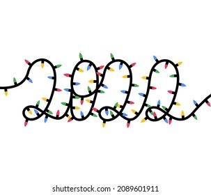 Isolated artwork with 2022 text lined with Christmas bulb garland. Festive New Year lettering background with colorful lights decoration. Vector illustration EPS 10